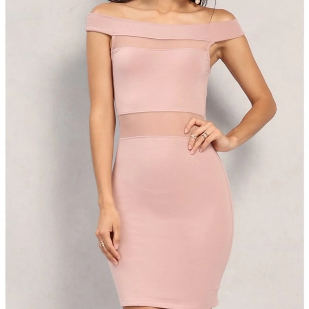 Mesh paneled off the shoulder dress